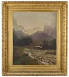 Frederick Judd Waugh, Swiss Alpine Landscape, Magnificent oil on canvas scene shows a rock strewn stream bed with working mill having sluice and waterwheel
