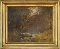 Fall Landscape with Brook by Douglas Arthur Teed, Oil on canvas scene shows a small woodland brook cascading over large rocks with clearing; all with fall foliage, sold May 2006