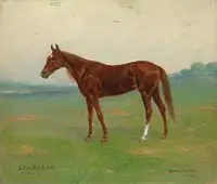 Gean Smith, Lou Dillon, Oil on canvas portrait of the race horse “Lou Dillon” standing in green pasture with trees under a lightening sky