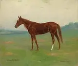 Gean Smith, Lou Dillon, Oil on canvas portrait of the race horse “Lou Dillon” standing in green pasture with trees under a lightening sky
