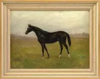 Gean Smith, Colin, Oil on canvas portrait of the race horse “Colin” standing on a green pasture with farm on right side