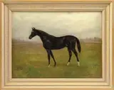Gean Smith, Colin, Oil on canvas portrait of the race horse “Colin” standing on a green pasture with farm on right side