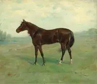Gean Smith, Stamboul, Oil on canvas portrait of the race horse “Stamboul” standing in a green meadow with pond, trees and farm in background