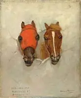 Gean Smith, Suburban 1906 (Go Between 1St Dandelion 2Nd), Oil on canvas head portraits of two race horses “Go Between” and “Dandelion” sticking through white canvas tarp