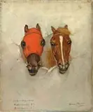 Gean Smith, Suburban 1906 (Go Between 1St Dandelion 2Nd), Oil on canvas head portraits of two race horses “Go Between” and “Dandelion” sticking through white canvas tarp