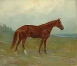 Gean Smith, Directum I, Oil on canvas portrait of the race horse “Directum I” standing in a green and brown pasture with trees and water behind