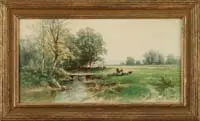 Carl Phillip Webber, Cows in a Pasture Setting, Watercolor summer scene shows four cows in a green pasture next to a stream with a wooden bridge