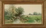 Carl Phillip Webber, Cows in a Pasture Setting, Watercolor summer scene shows four cows in a green pasture next to a stream with a wooden bridge