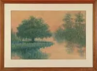 Alexander John Drysdale, Sunset Over Trees and Pond, Watercolor scene shows large trees and grassy banks being reflected onto water with orange and gold sunset