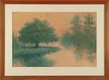 Alexander John Drysdale, Sunset Over Trees and Pond, Watercolor scene shows large trees and grassy banks being reflected onto water with orange and gold sunset