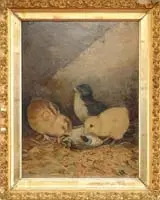 Unsigned, Chicks, Oil on academy board scene shows three small chicks on straw ground. Two are yellow and one is brown and white