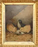 Unsigned, Chicks, Oil on academy board scene shows three small chicks on straw ground. Two are yellow and one is brown and white