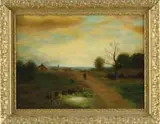 Emma Kissling, Sunset in the Village, Oil on canvas scene shows a man walking towards a small village in an impressionistic landscape