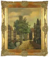 Henk Nan, Dutch Village with Canal, Oil on canvas scene shows two arched bridges over canal with road and buildings