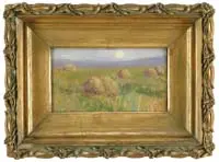 Sarah E. Nash, Harvest Moon, Oil on wood panel scene shows haystacks in a green and golden field with blue hills and large full moon