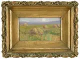 Sarah E. Nash, Harvest Moon, Oil on wood panel scene shows haystacks in a green and golden field with blue hills and large full moon
