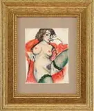The Prostitute by George Grosz, Watercolor of a nude seated woman in a red shawl and shear stockings, sold May 2006