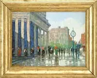 Franklin Edward Morris, Fifth Avenue Hotel, New York City, Oil on canvas New York street scene shows a pillar front building with people, horse carriage and street clock