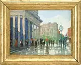 Franklin Edward Morris, Fifth Avenue Hotel, New York City, Oil on canvas New York street scene shows a pillar front building with people, horse carriage and street clock