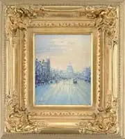 Franklin Edward Morris, Pennsylvania Ave., Washington D.C, Oil on canvas scene shows a snow covered street with trolley and people leading to US Capital