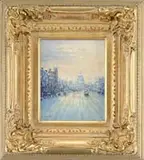 Franklin Edward Morris, Pennsylvania Ave., Washington D.C, Oil on canvas scene shows a snow covered street with trolley and people leading to US Capital