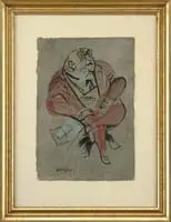 Fat Cat by William Gropper, Watercolor caricature study of an older man in red suit and bow tie seated in a chair with letters on the ground, sold May 2006