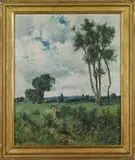 Ransome Gillete Holdredge, Near Fontaney, France, Oil on canvas summer scene shows a woman walking along a path across field with trees and domed building in distance