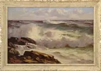 Maine Rocks by Alphonse Joseph Shelton, Oil on canvas coastal scene shows waves crashing onto rock ledge under a blue and cloud sky, sold May 2006