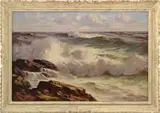 Alphonse Joseph Shelton, Maine Rocks, Oil on canvas coastal scene shows waves crashing onto rock ledge under a blue and cloud sky