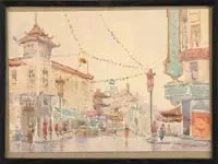 San Francisco by Dong Kingman, Watercolor scene of Chinatown showing a street lined with Oriental style buildings and figures walking, sold May 2006