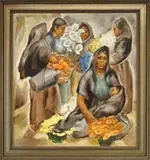 Emily Lansingh Muir, Mexican Flower Market, Oil on canvas scene shows five women, one with infant. Each having colorful flowers and one with basket of fruit