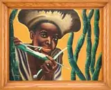 Charles E. Burchfield, Sweet Tooth, Oil on canvas scene shows a young black boy with large hat stripping a piece of sugar cane with his teeth