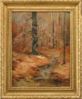 Hobart Nichols, Autumn Forest, Oil on board scene shows a small stream winding through dense forest with colorful leaves on trees and ground