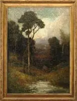George Whittaker, Impressionistic Landscape, Oil on canvas mounted on panel scene shows tall trees with water and grass looking through opening at distant landscape