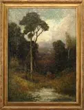 George Whittaker, Impressionistic Landscape, Oil on canvas mounted on panel scene shows tall trees with water and grass looking through opening at distant landscape