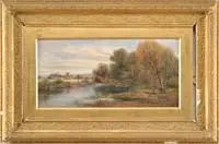 Kate E Foster, Near Wallingford on Thames, Oil on canvas English country scene shows a small village beyond a winding river with cows in pasture and trees