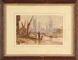 Elizabeth Thompson Butler, London Cityscape, Watercolor view looking across the Thames at the city of London. The foreground shows docks with boats and buildings