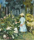 Lucienne Capdevielle, Two Works: “Hyeres” and Girl in Garden, Both unframed. 1) Small oil on canvas showing a beach with two bathers, sailboats on a colorful ocean and sharp cliffs