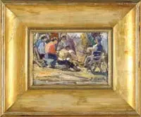 José Roig, Gathering of Men, Small oil on board scene shows five men seated in various style outside chairs and stools in a garden/park setting