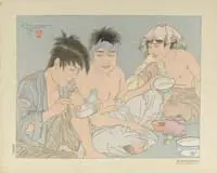 Le Repas Des Mendiants by Paul Jacoulet, Colored woodcut scene shows three men seated eating, sold May 2006