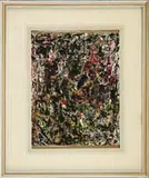 James Cowing Houser Jr, Abstract Drip Design, Oil on board in the style of Jackson Pollock shows a drip design in black, red, white and yellow