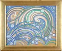 J. Andre Smith, Abstract, Oil on board abstract scene shows a spiraling group of lines in white, green and blue with bubbles