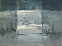 Lewis Scott Croft, Abstract Scene in Gray and White, Oil on masonite abstract scene might depict a pond in winter with trees and hill