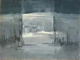 Lewis Scott Croft, Abstract Scene in Gray and White, Oil on masonite abstract scene might depict a pond in winter with trees and hill