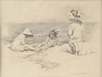 Sears Gallagher, The Children on the Beach, Pencil signed lithograph shows three young children on a sandy beach dressed in beach attire