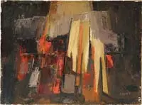 Lewis Scott Croft, Abstract Scene, Oil on artist board scene appears to be an abstract scene of buildings in colors of black, red, orange and white