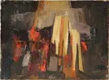 Lewis Scott Croft, Abstract Scene, Oil on artist board scene appears to be an abstract scene of buildings in colors of black, red, orange and white