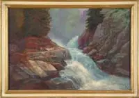 H L Welch, Cascading Waterfall, Oil on masonite shows a large rush of water cascading through rocky gorge with tall trees