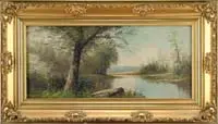 C.T. Mitchell, New England Summer Landscape, Oil on canvas scene shows a winding river with rock and tree lined banks