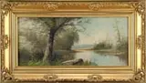 C.T. Mitchell, New England Summer Landscape, Oil on canvas scene shows a winding river with rock and tree lined banks